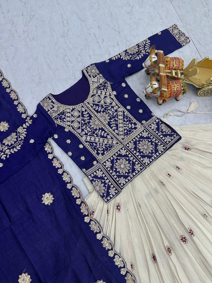 Ready-to-Wear Off-White Vichitra Lehenga with Embroidered Peplum Koti Blouse