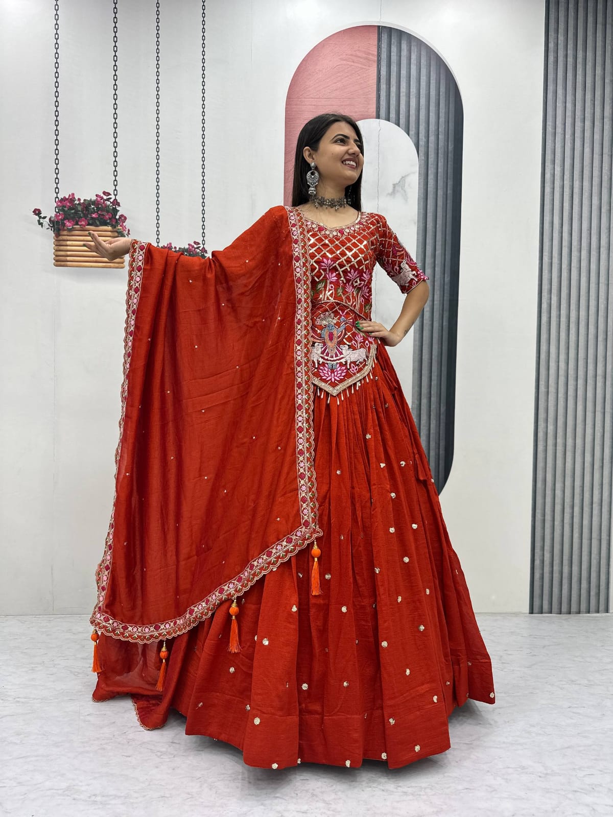 Rust Orange Ready to Wear Designer Bridesmaid Lehenga choli With Dupatta