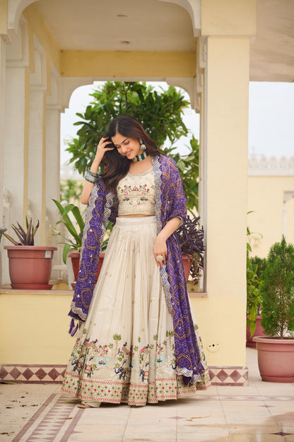 Ready-to-Wear Off-White Pure Tissue Silk Lehenga Choli with Bandhani Dupatta