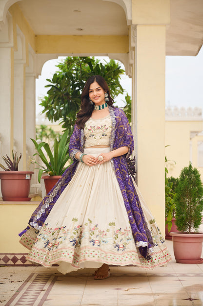 Ready-to-Wear Off-White Pure Tissue Silk Lehenga Choli with Bandhani Dupatta
