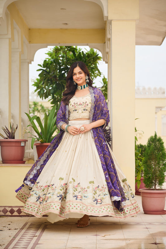 Ready-to-Wear Off-White Pure Tissue Silk Lehenga Choli with Bandhani Dupatta