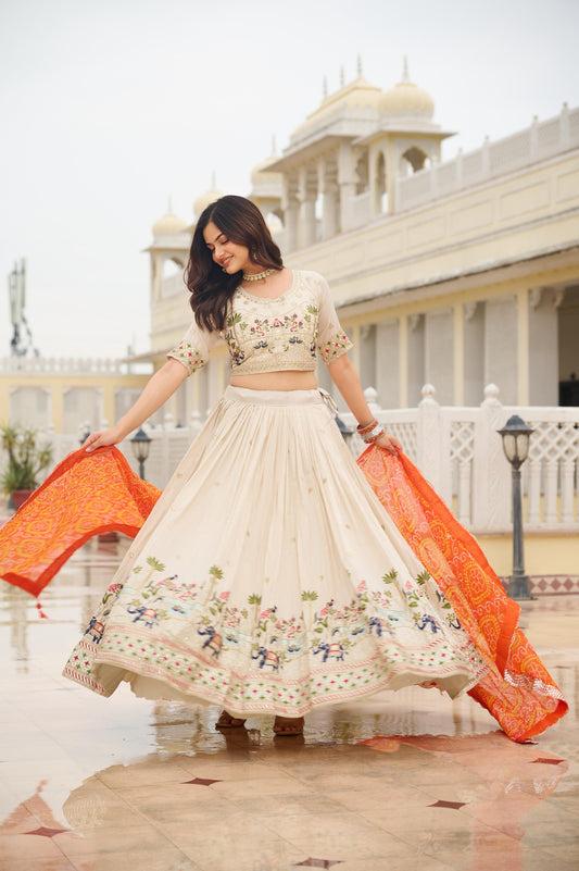 Ready-to-Wear Off-White Pure Tissue Silk Lehenga Choli with Bandhani Dupatta