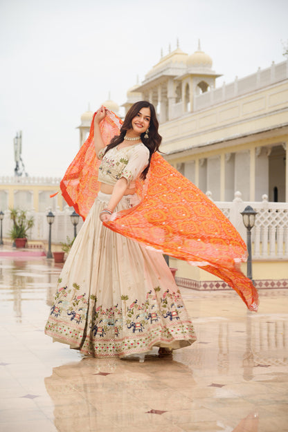 Ready-to-Wear Off-White Pure Tissue Silk Lehenga Choli with Bandhani Dupatta