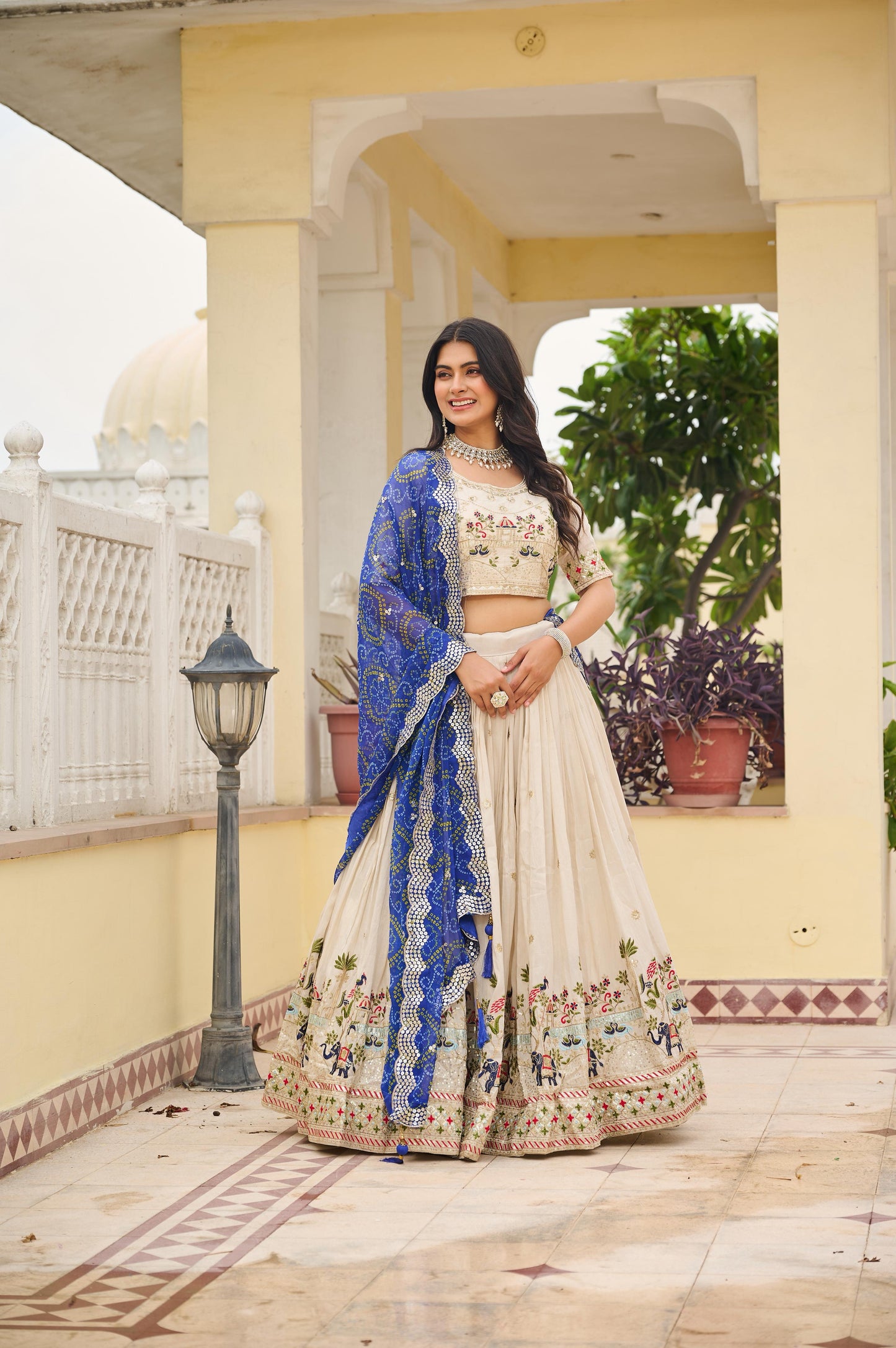 Ready-to-Wear Off-White Pure Tissue Silk Lehenga Choli with Bandhani Dupatta