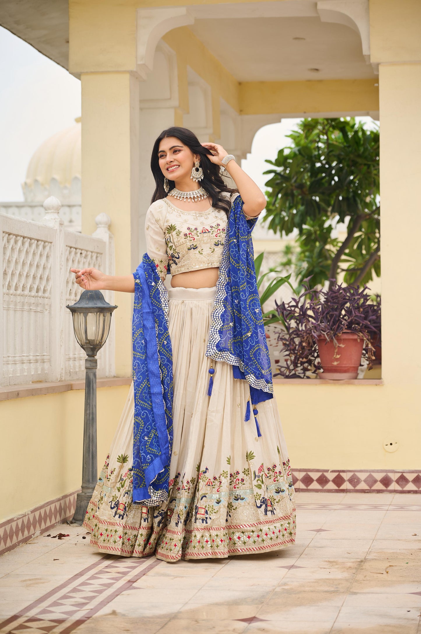 Ready-to-Wear Off-White Pure Tissue Silk Lehenga Choli with Bandhani Dupatta