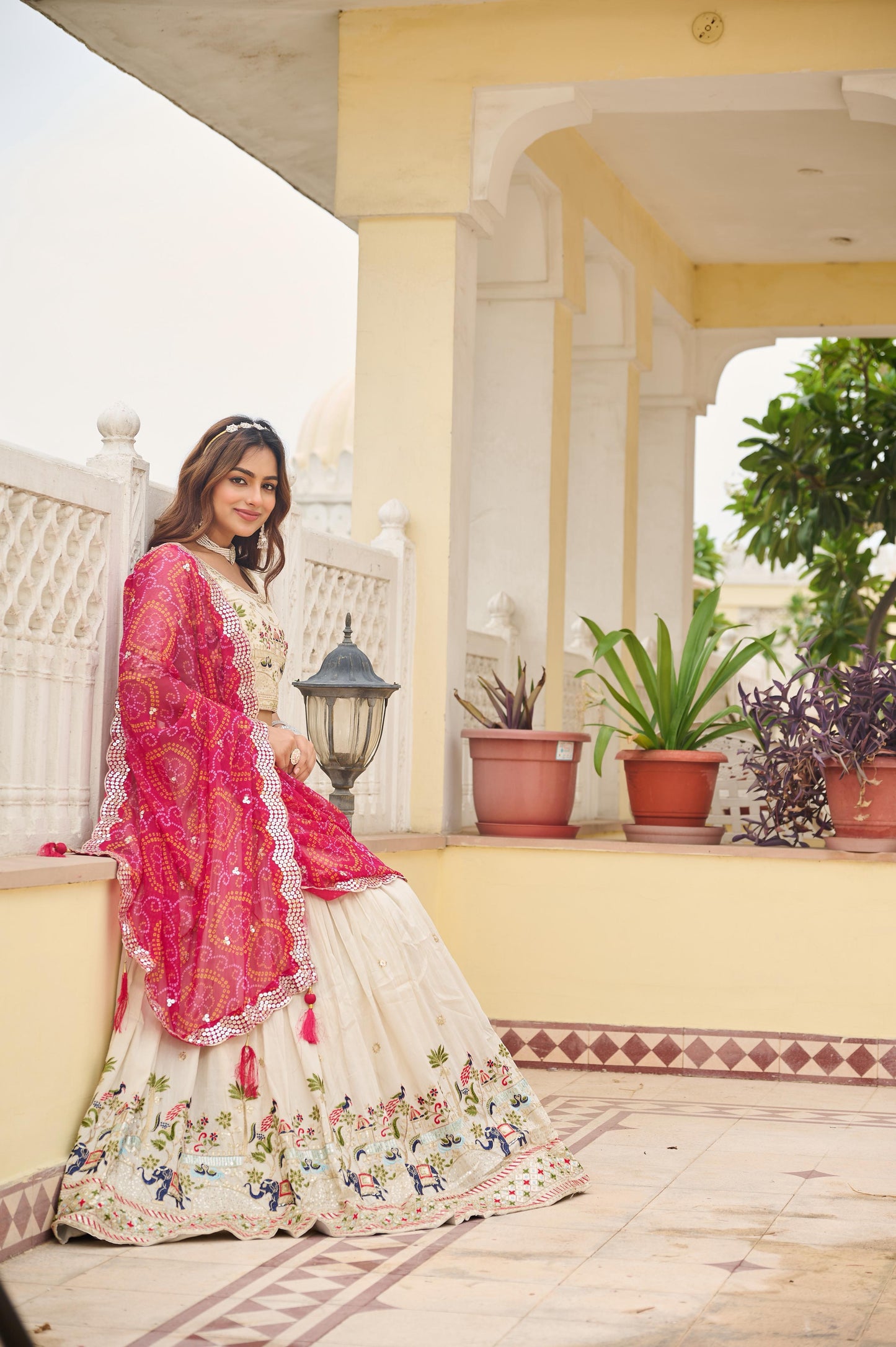 Ready-to-Wear Off-White Pure Tissue Silk Lehenga Choli with Bandhani Dupatta