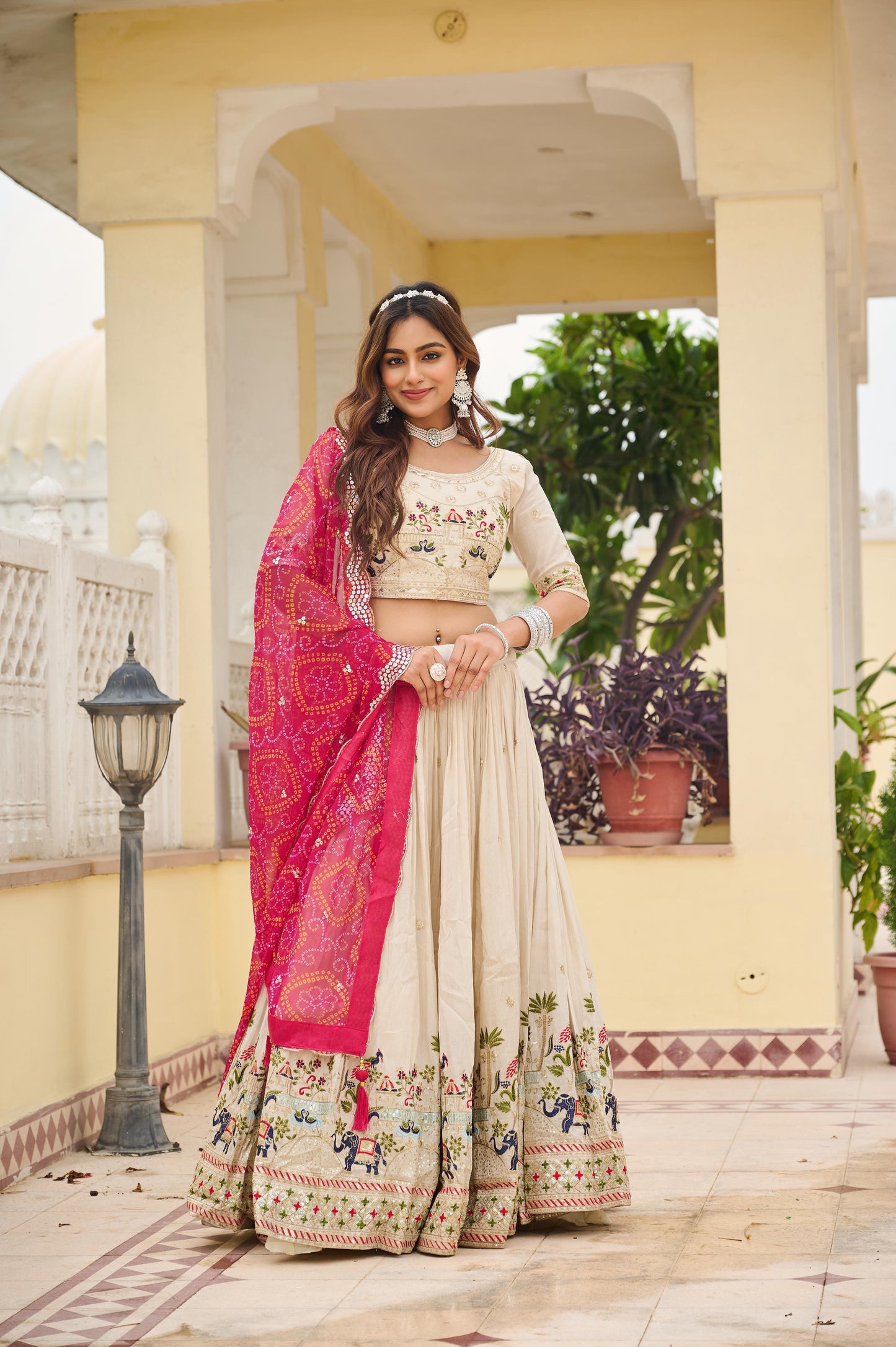 Ready-to-Wear Off-White Pure Tissue Silk Lehenga Choli with Bandhani Dupatta