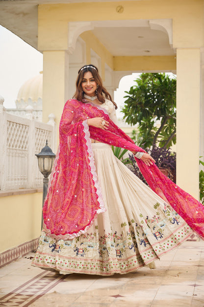 Ready-to-Wear Off-White Pure Tissue Silk Lehenga Choli with Bandhani Dupatta