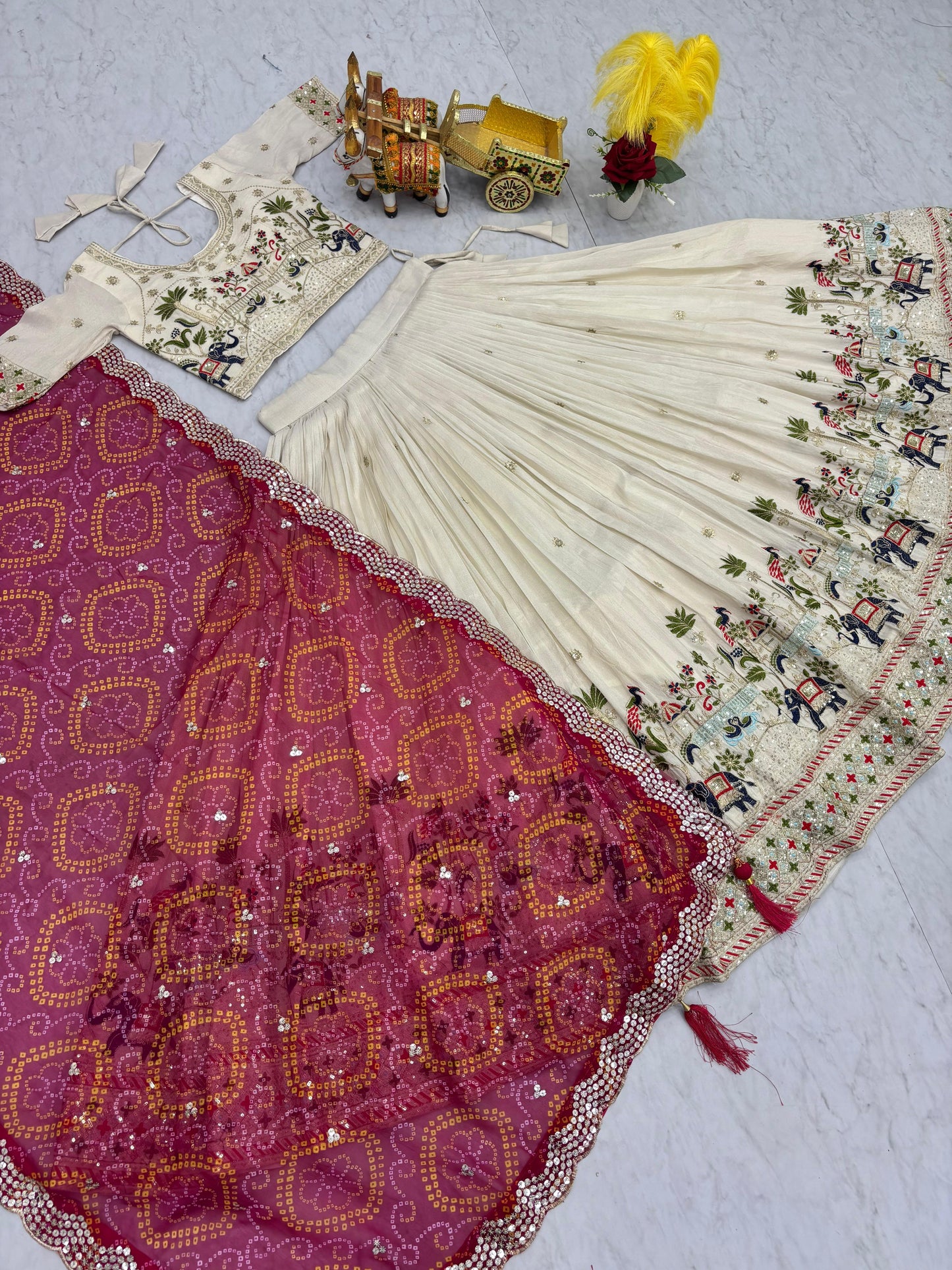 Ready-to-Wear Off-White Pure Tissue Silk Lehenga Choli with Bandhani Dupatta