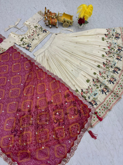 Ready-to-Wear Off-White Pure Tissue Silk Lehenga Choli with Bandhani Dupatta