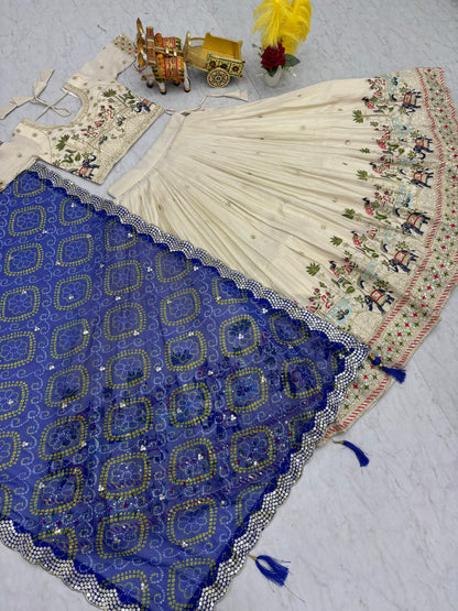 Ready-to-Wear Off-White Pure Tissue Silk Lehenga Choli with Bandhani Dupatta