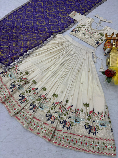 Ready-to-Wear Off-White Pure Tissue Silk Lehenga Choli with Bandhani Dupatta