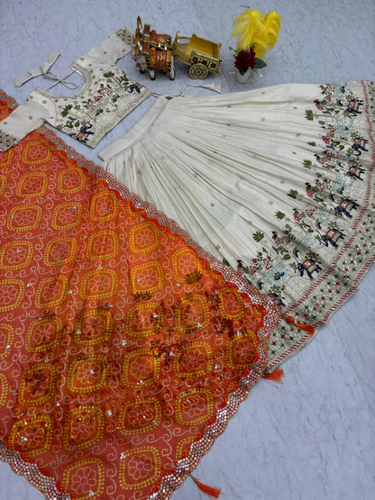 Ready-to-Wear Off-White Pure Tissue Silk Lehenga Choli with Bandhani Dupatta