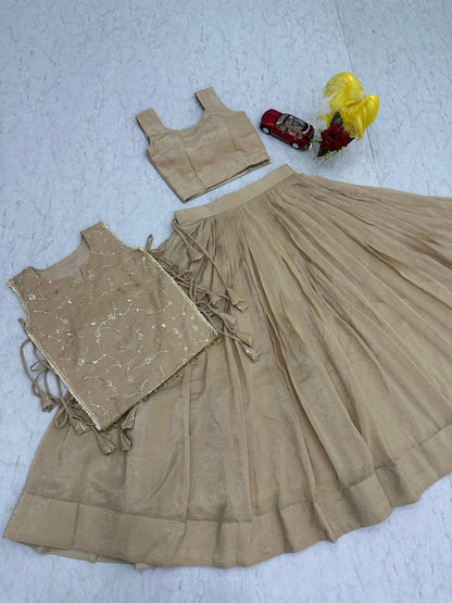 Beige Crunchy Silk Co-ord Set Lehenga choli With Designer Overlay Top