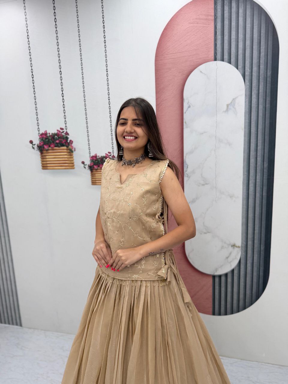 Beige Crunchy Silk Co-ord Set Lehenga choli With Designer Overlay Top