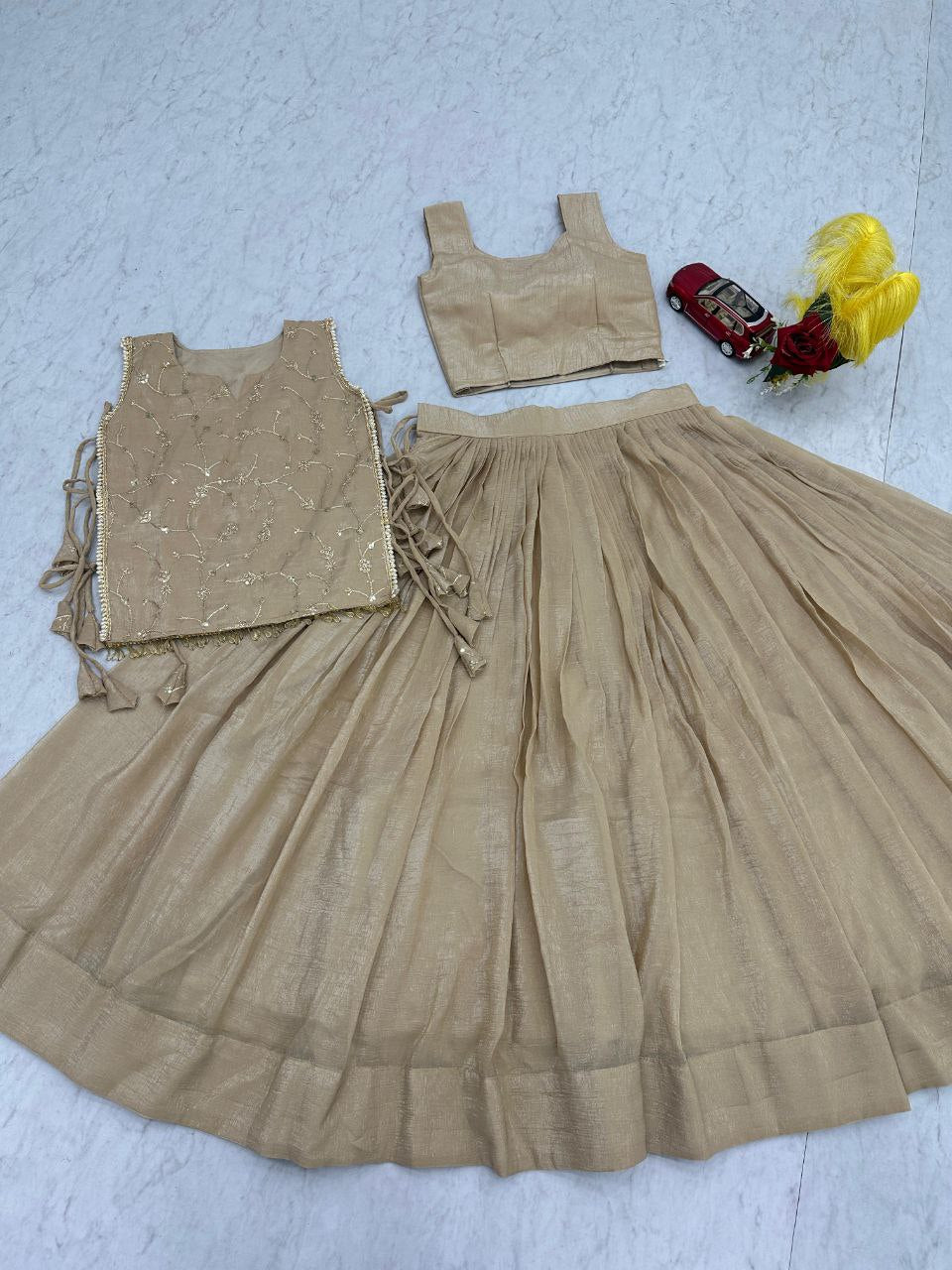 Beige Crunchy Silk Co-ord Set Lehenga choli With Designer Overlay Top