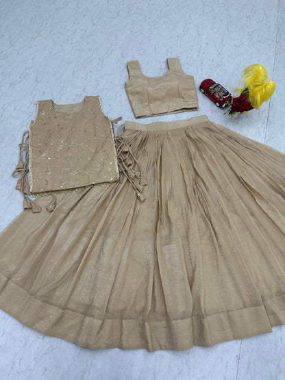 Beige Crunchy Silk Co-ord Set Lehenga choli With Designer Overlay Top