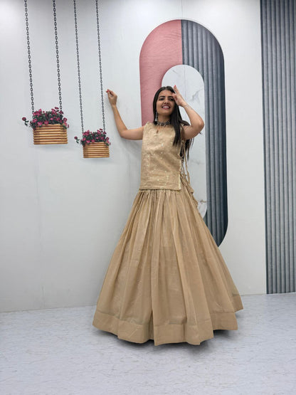 Beige Crunchy Silk Co-ord Set Lehenga choli With Designer Overlay Top