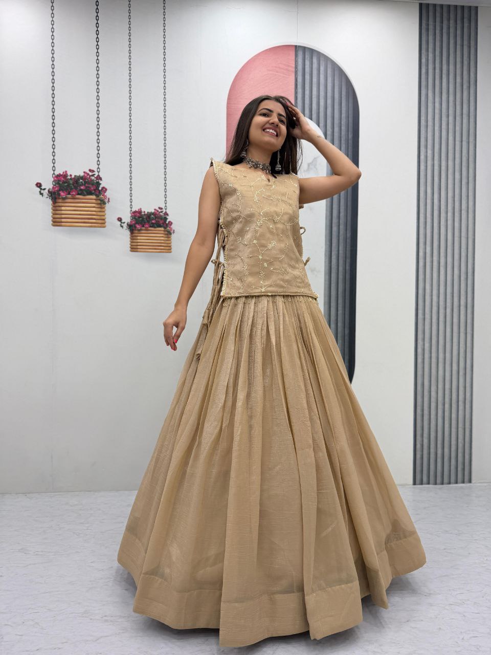Beige Crunchy Silk Co-ord Set Lehenga choli With Designer Overlay Top