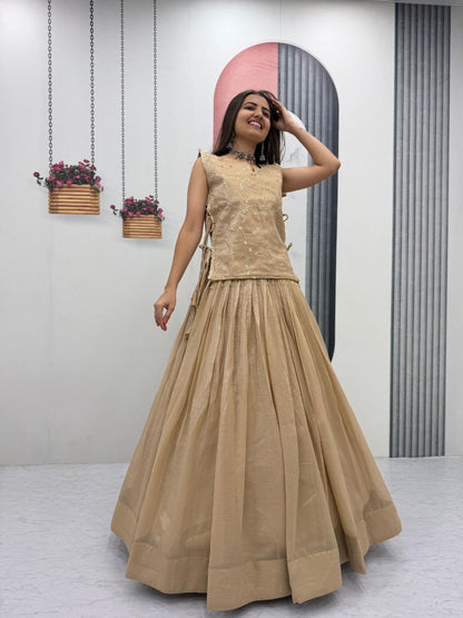 Beige Crunchy Silk Co-ord Set Lehenga choli With Designer Overlay Top