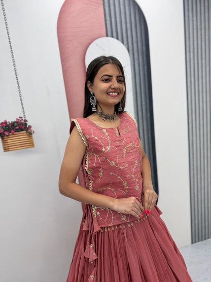 Peach Crunchy Silk Co-ord Set Lehenga choli With Designer Overlay Top