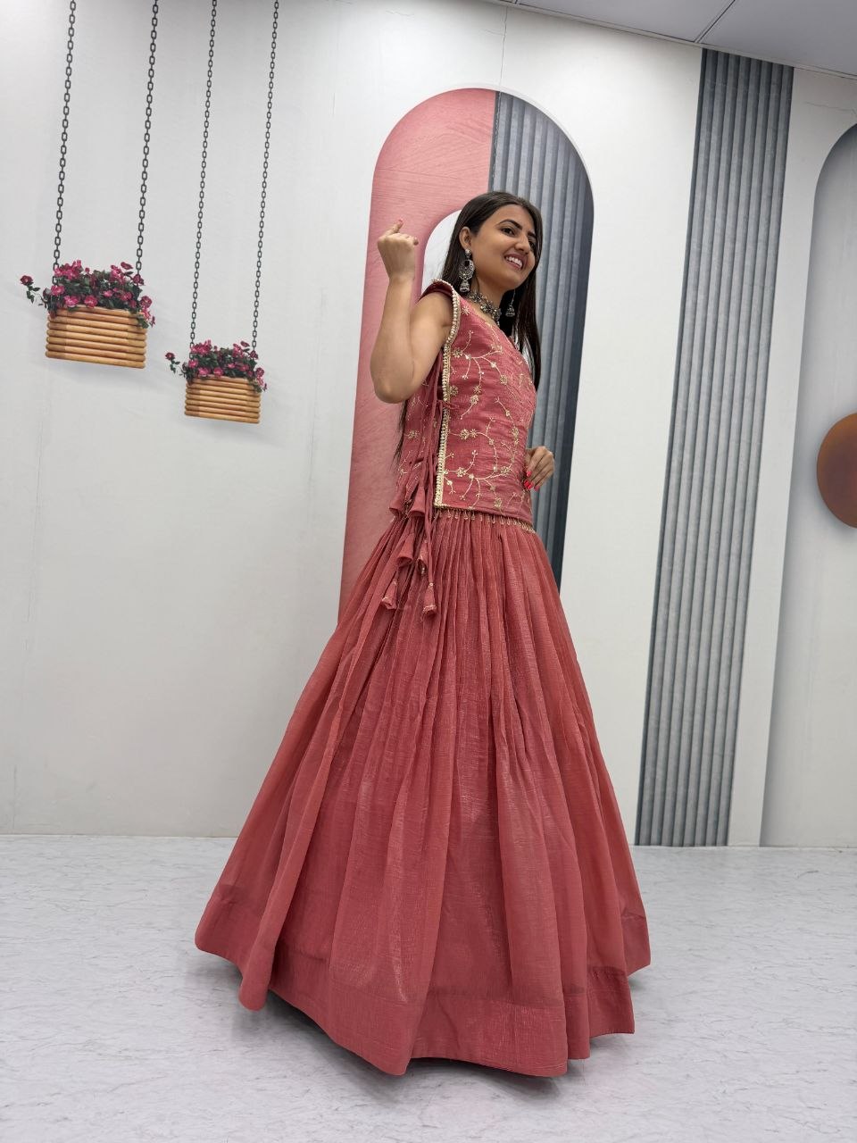 Peach Crunchy Silk Co-ord Set Lehenga choli With Designer Overlay Top