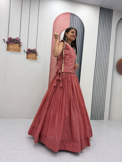 Peach Crunchy Silk Co-ord Set Lehenga choli With Designer Overlay Top