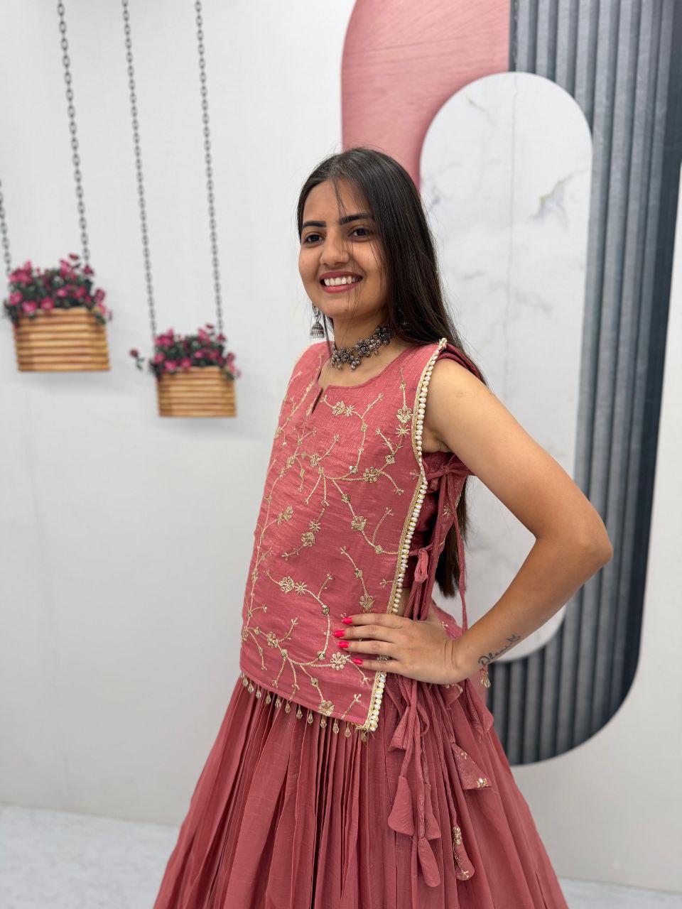 Peach Crunchy Silk Co-ord Set Lehenga choli With Designer Overlay Top