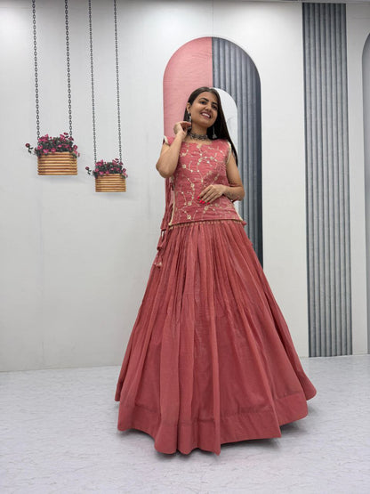 Peach Crunchy Silk Co-ord Set Lehenga choli With Designer Overlay Top