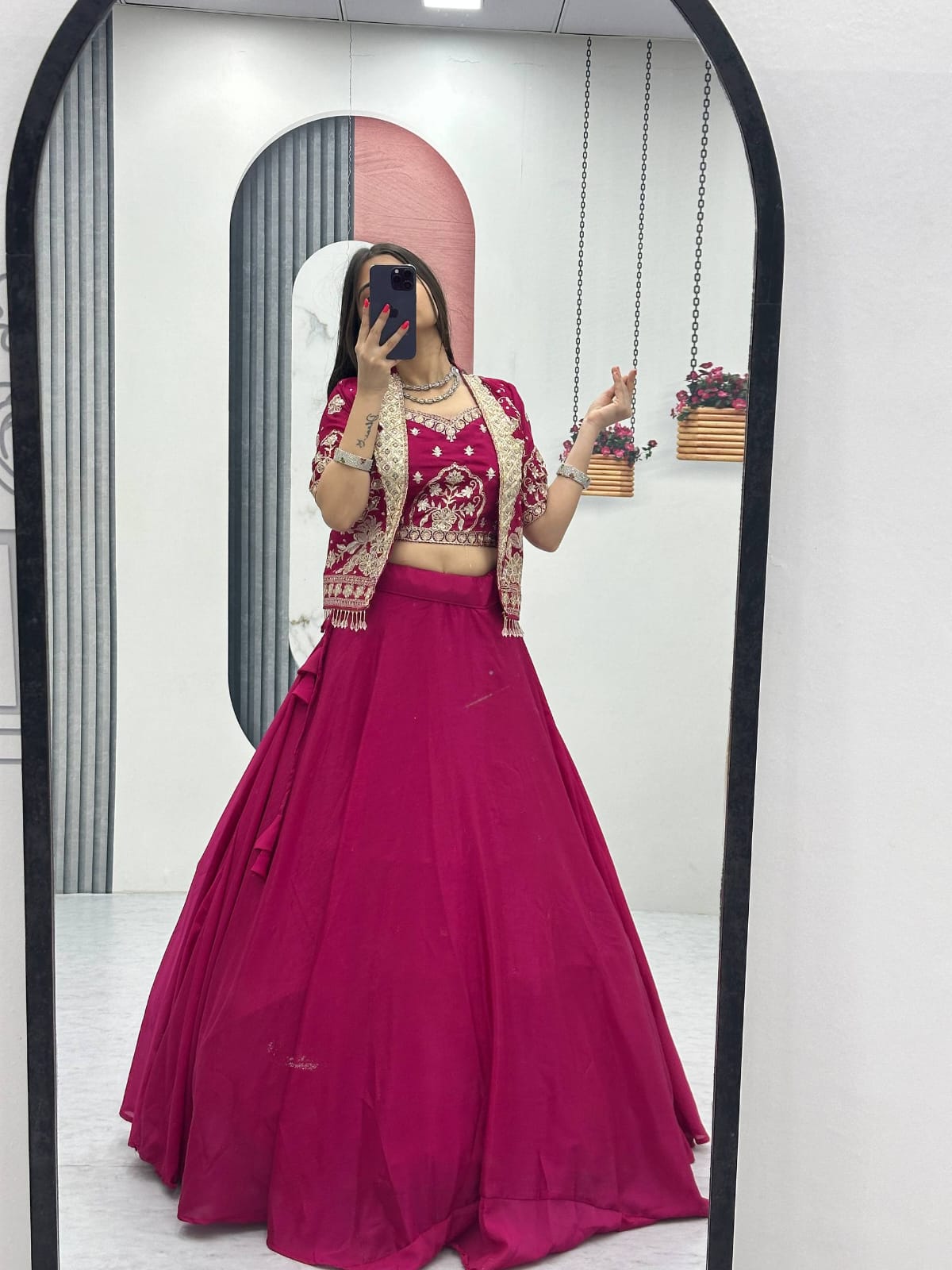 Ready-to-Wear Megenta Pink Chinon Indo-Western Lehenga with Embroidered Peplum Koti Blouse