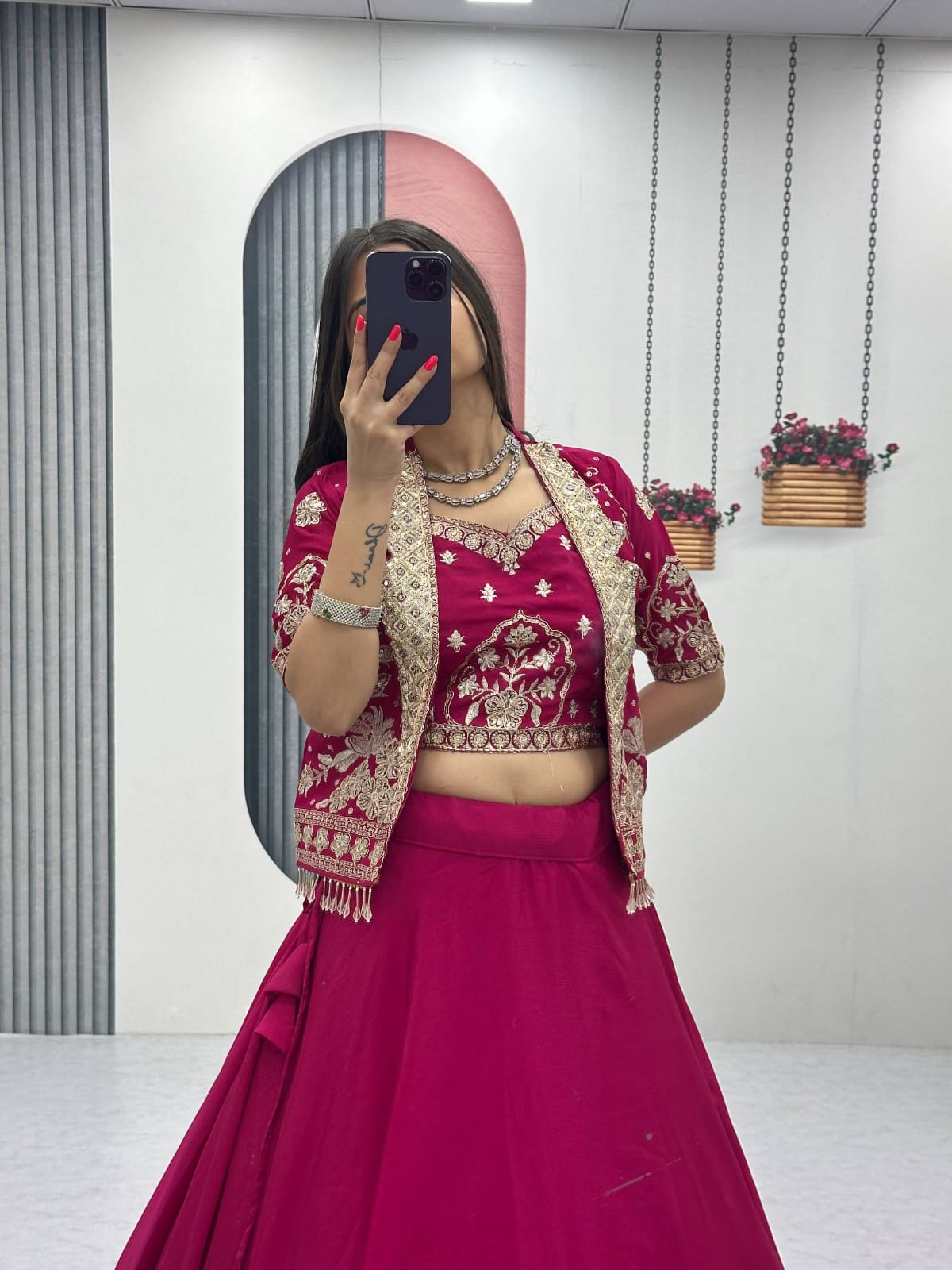 Ready-to-Wear Megenta Pink Chinon Indo-Western Lehenga with Embroidered Peplum Koti Blouse