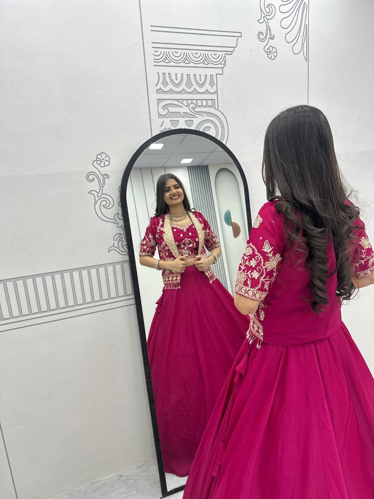 Ready-to-Wear Megenta Pink Chinon Indo-Western Lehenga with Embroidered Peplum Koti Blouse
