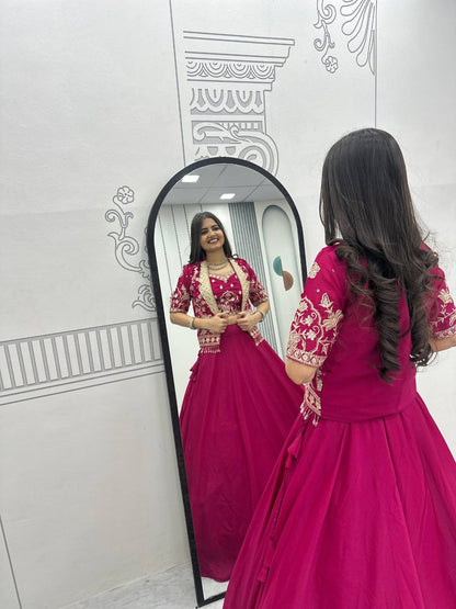 Ready-to-Wear Megenta Pink Chinon Indo-Western Lehenga with Embroidered Peplum Koti Blouse