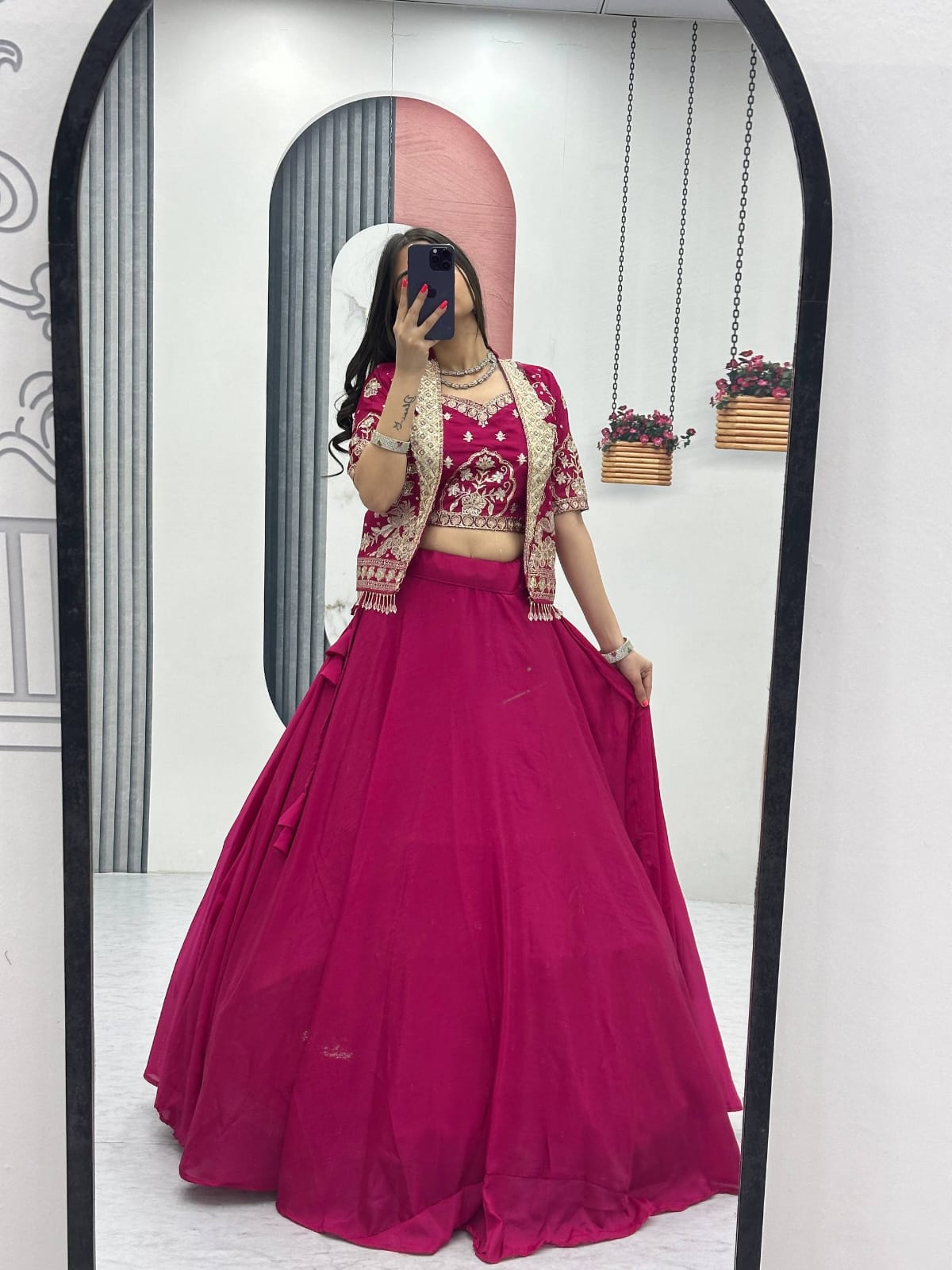 Ready-to-Wear Megenta Pink Chinon Indo-Western Lehenga with Embroidered Peplum Koti Blouse