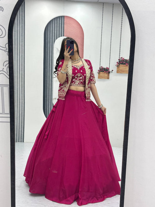 Ready-to-Wear Megenta Pink Chinon Indo-Western Lehenga with Embroidered Peplum Koti Blouse