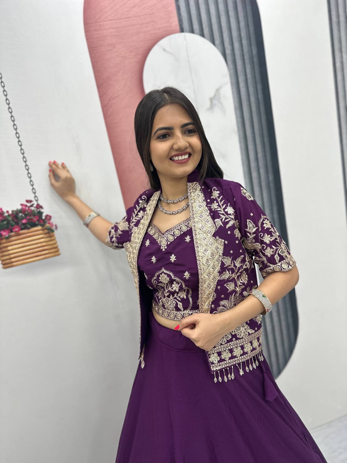 Ready-to-Wear Purple Indo-Western Lehenga with Embroidered Peplum Koti Blouse