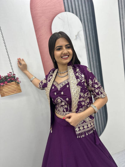 Ready-to-Wear Purple Indo-Western Lehenga with Embroidered Peplum Koti Blouse