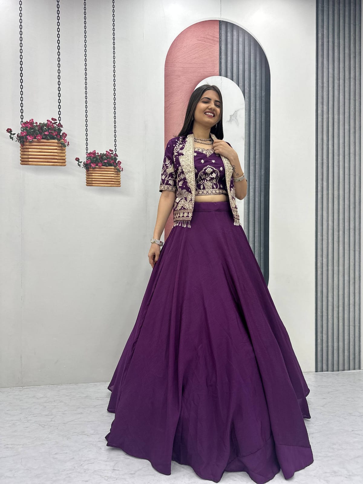Ready-to-Wear Purple Indo-Western Lehenga with Embroidered Peplum Koti Blouse