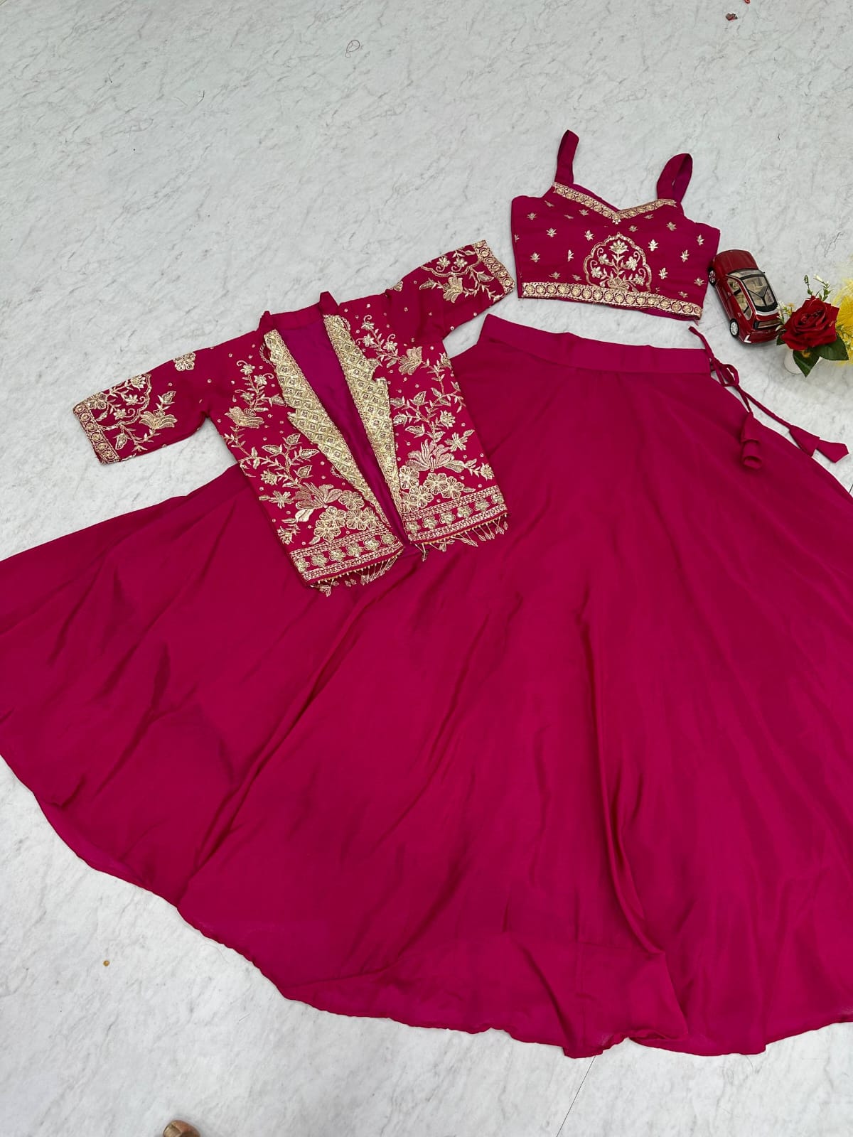 Ready-to-Wear Megenta Pink Chinon Indo-Western Lehenga with Embroidered Peplum Koti Blouse