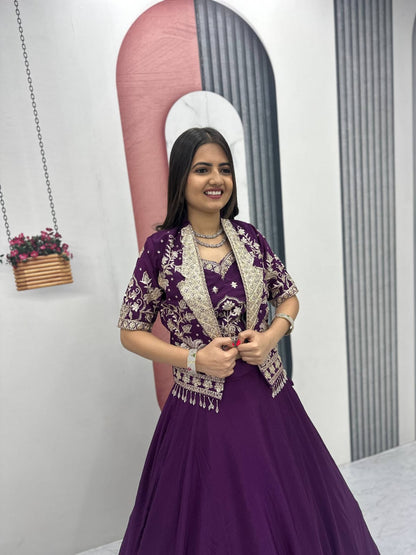 Ready-to-Wear Purple Indo-Western Lehenga with Embroidered Peplum Koti Blouse