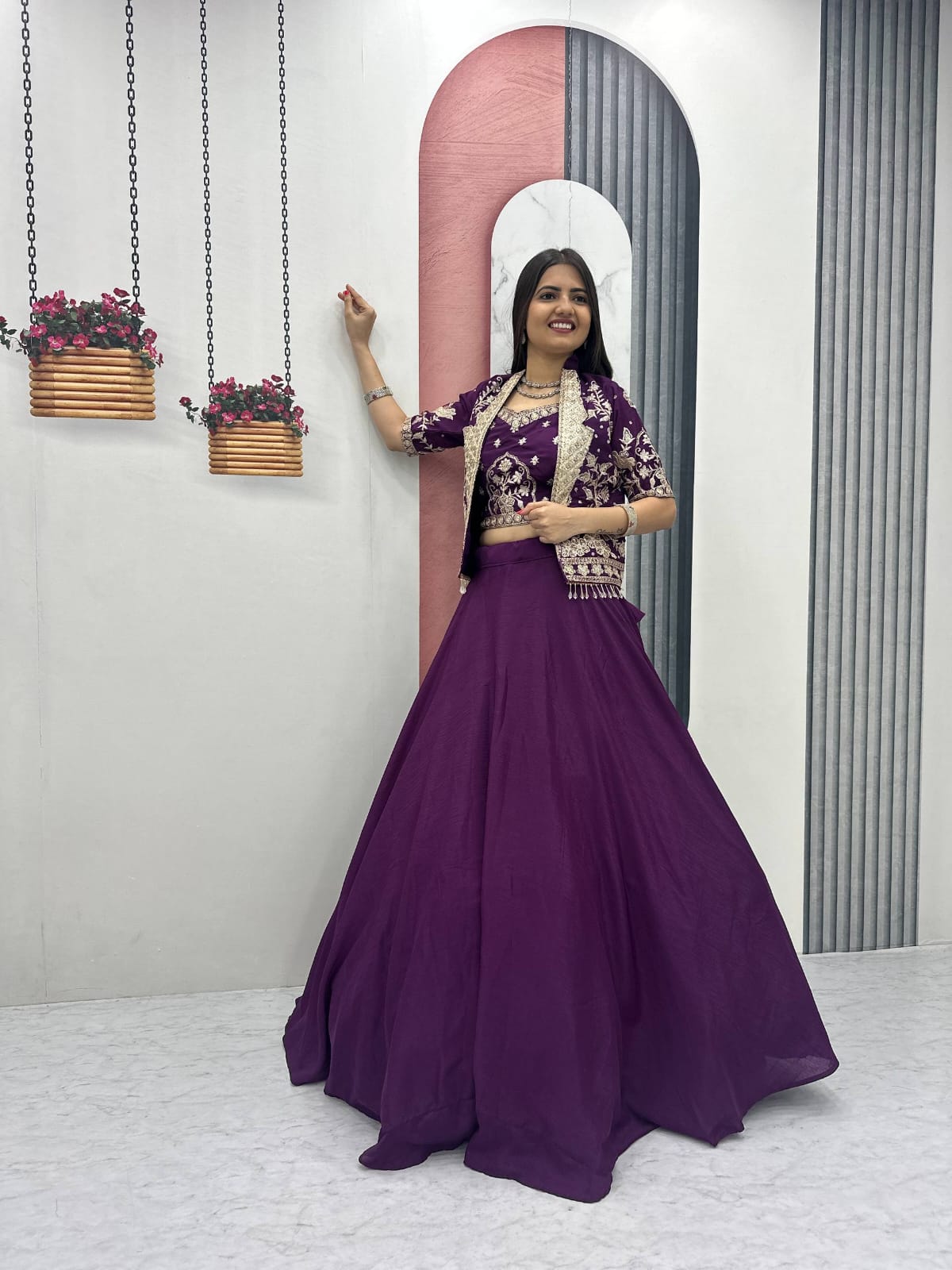 Ready-to-Wear Purple Indo-Western Lehenga with Embroidered Peplum Koti Blouse