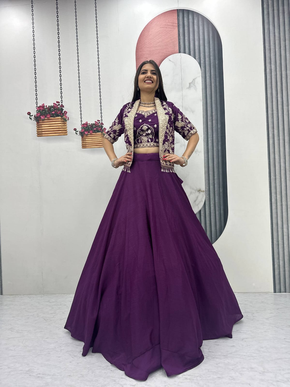 Ready-to-Wear Purple Indo-Western Lehenga with Embroidered Peplum Koti Blouse
