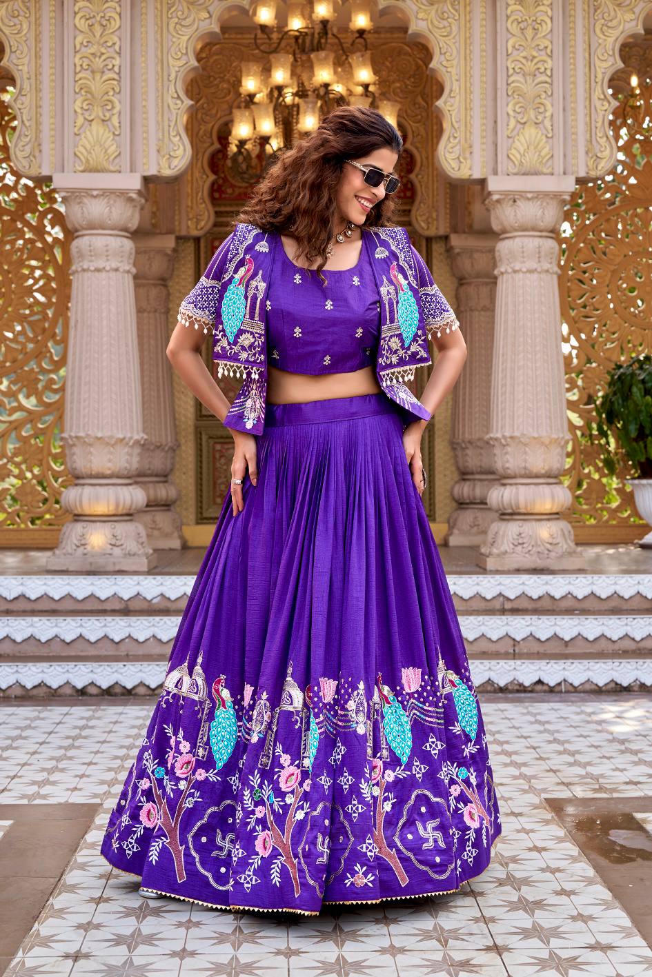 Ready-to-Wear Purple Vichitra Lehenga with Embroidered Peplum Koti Blouse