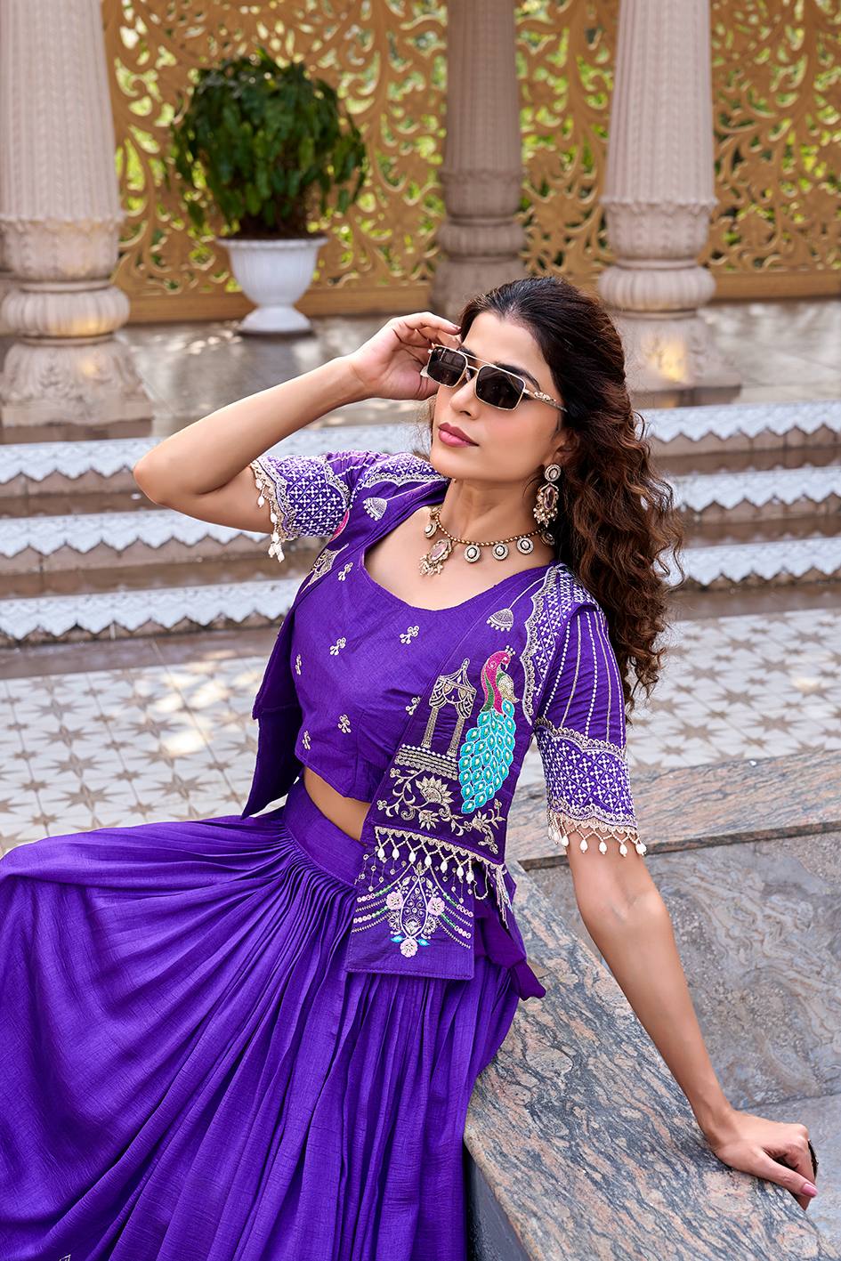 Ready-to-Wear Purple Vichitra Lehenga with Embroidered Peplum Koti Blouse