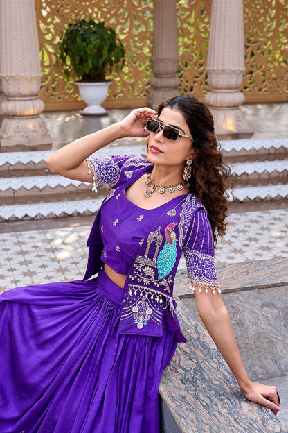 Ready-to-Wear Purple Vichitra Lehenga with Embroidered Peplum Koti Blouse