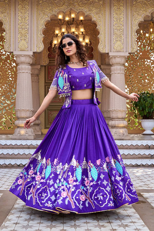 Ready-to-Wear Purple Vichitra Lehenga with Embroidered Peplum Koti Blouse