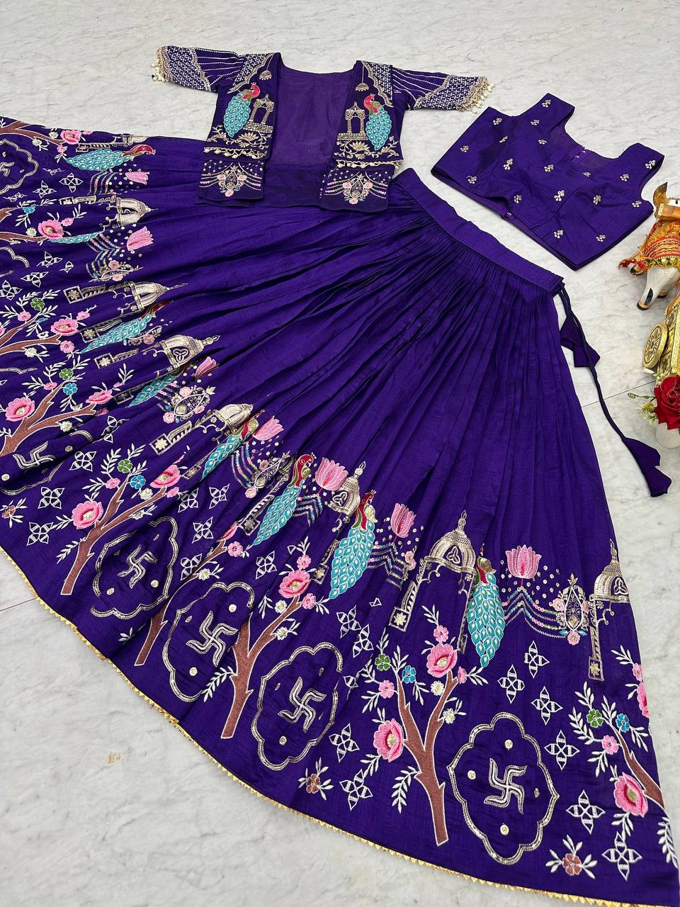 Ready-to-Wear Purple Vichitra Lehenga with Embroidered Peplum Koti Blouse