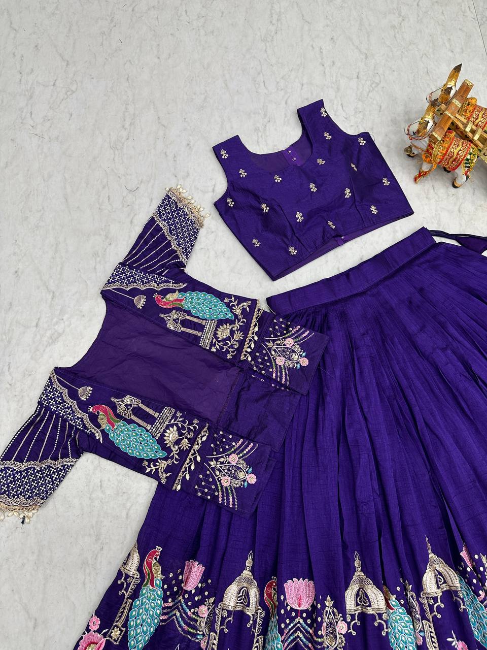 Ready-to-Wear Purple Vichitra Lehenga with Embroidered Peplum Koti Blouse