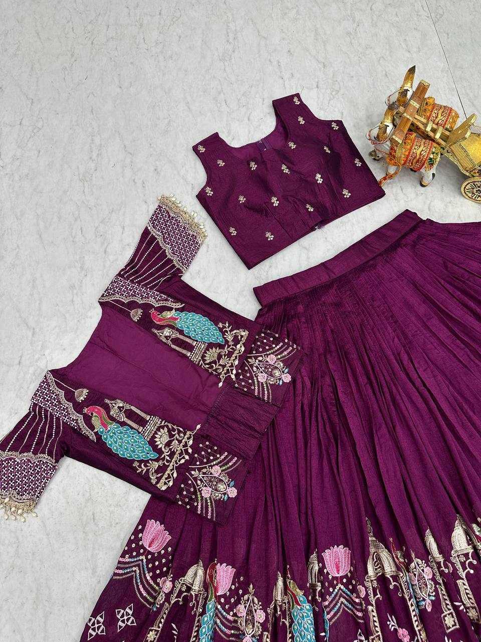 Ready-to-Wear Wine Vichitra Lehenga with Embroidered Peplum Koti Blouse