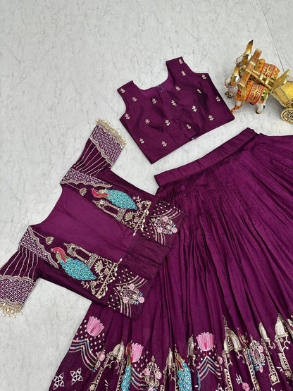 Ready-to-Wear Wine Vichitra Lehenga with Embroidered Peplum Koti Blouse